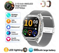 Nouveau Sport De Plein Air Montre Intelligente Hommes 2.13 "Écran Amoled Lampe De Poche 580Mah Grande Batterie Fréquence Cardiaque Étanche Bt Appel Montre Intelligente.Sliver Mesh Belta.