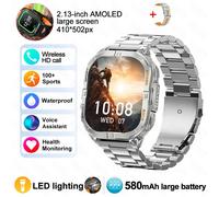 Nouveau Sport De Plein Air Montre Intelligente Hommes 2.13 "Écran Amoled Lampe De Poche 580Mah Grande Batterie Fréquence Cardiaque Étanche Bt Appel Montre Intelligente.Sliver Steel Belt.