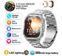 Nouveau Sport De Plein Air Montre Intelligente Hommes 2.13 "Écran Amoled Lampe De Poche 580Mah Grande Batterie Fréquence Cardiaque Étanche Bt Appel Montre Intelligente.Sliver Steel Belta.