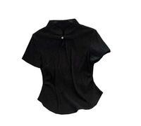 Nouveau style chinois col montant traditionnel oblique bouton manches courtes t-shirt femme couleur unie haut décontracté ourlet incurvé, Couleur 1, M