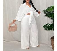 Nouveau style Ensemble assorti femme grande taille décontracté tout-aller sexy/minimaliste, chemise blanche à manches 3/4 avec nœud et pantalon droit. Convient pour le printemps, l'été et les tenues d