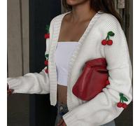 Nouveau style pour femmes, cardigan à manches longues élégant et raffiné avec décoration 3D côtelée en forme de cerise. Doux, confortable et mignon pour un usage quotidien polyvalent, de retour à l'éc