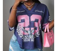 Nouveau T-shirt à manches trois quarts, col V, épaules tombantes, imprimé de 23 rayures contrastantes bleu marine et rose, style de rue décontracté pour le printemps et l'été, pour femmes L,M,S,XSGéom