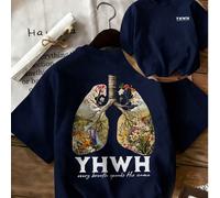 Nouveau T-shirt d'été pour femmes, imprimé paysage végétal YHWH, coupe ample et polyvalente, col rond, manches courtes beiges. Top décontracté pour tous les jours, convient pour le quotidien et les va