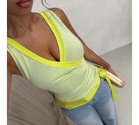 Nouveau top sans manches en maille à col V avec blocs de couleurs vert et jaune papillon, camisole de fille sexy avec taille cintrée à nouer, tenue de vacances sur l'île, tenue de promenade sur la pla