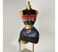 Nouveau Top sans manches sexy et jupe imprimée effet jean avec cordon de serrage sur le côté, style Y2K et cool. Tenue de concert pour femmes L,M,S,XLCartoon,graphique,LettresTissu tricoté