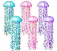 Nouveauté Place Lot de 6 lanternes en Papier méduse - Décoration Polyvalente à Suspendre avec Bandes pailletées pour Mariages, Anniversaires, thèmes sirène, fêtes sous la mer (Rose, Vert, Violet)