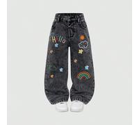 Nouveaux jeans en jean noir et gris pour jeunes filles, avec des imprimés de nuages doux, arc-en-ciel, soleil et étoiles. Design à la mode, décontracté et chic, simple et polyvalent, jeans droits gris