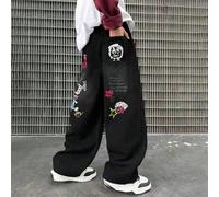 Nouveaux jeans mi-adolescent garçon en automne noir avec graffitis de bande dessinée, pantalon large en jean ample style papas pour adolescent 14Y,11Y,12Y,13YFloralJean