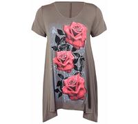 Nouveaux Womens Plus Taille Uneven Ourlet Mouchoir Top T-Shirt manches courtes Femmes Motif Fleur Rose Tunique Jersey - Moka, Femme, EU 52-54