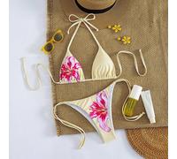 Nouvel Arrivage Ensemble 4 Pièces Sexy Imprimé Floral Col V Top Court & Short Ourlet Triangle, Mode d'Été pour Femmes Vacances L,M,S,XS,XXSPlantesÉtoffe