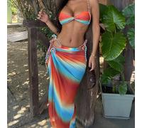Nouvel ensemble 3 pièces d'été pour femme: Un bikini supérieur à bretelles spaghetti crocheté dégradé, un maillot de bain bas à nouer sur le côté et une robe paréo de plage L,M,S,XSTout ImpriméÉtoffe,