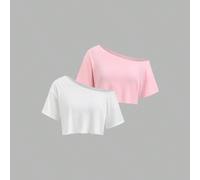 Nouvel ensemble d'été 2 pièces t-shirt blanc à manches courtes, épaules asymétriques, décontracté, ample, confortable, mode polyvalente pour le trajet L,M,S,XSUnicoloreTissu tricoté