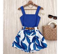 Nouvel ensemble d'été bleu composé d'un débardeur camisole et d'un short à imprimé végétal, tenue de vacances en deux pièces, élégante et décontractée pour le trajet L,M,S,XL,XSImprimés aléatoiresÉtof