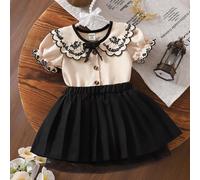 Nouvel ensemble d'été de 2 pièces pour bébé fille, avec un Top à col claudine vintage brodé à manches courtes + une jupe noire 6-9M,9-12M,12-18M,18-24M,2-3YFloral,PlantesPolyester