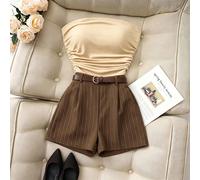 Nouvel ensemble deux pièces décontracté et à la mode pour le trajet, top bandeau plissé de couleur unie à haute extensibilité et short en tissu rayé, ensemble de short pour femme printemps/été, ensemb