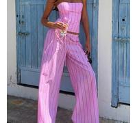 Nouvel ensemble élégant et stylé composé d'un top bandeau rayé et d'un pantalon large et ample rose pour l'été L,M,S,XL,XSRayéPolyester,Tissu tissé
