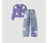 Nouvel ensemble printemps 2025 style coréen pour filles tout-petits, veste cardigan tricotée et pantalon en jean, pantalon large ample à fleurs, jean droit, tenue décontractée mode et mignonne pour l'