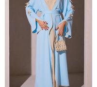 Nouvelle abaya de style modeste du Moyen-Orient, design simple avec nœud, veste décontractée de couleur bleu clair unie, douce et confortable avec ceinture, convient pour les festivals et le port quot