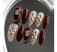 Nouvelle Arrivée 10 pièces Ongles à Pression Amande Faits Main, Style Rétro Dame Riche, Base Brillant Bourgogne & Paillettes Feuille d'Argent, Bordure Dorée avec Signe Dollar en Strass, Incrustation D