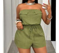 Nouvelle arrivée 2025 printemps-été, combinaison courte pour femmes grandes tailles, vert armée, débardeur à poche utilitaire, taille avec ceinture, longueur courte, tissu texturé tressé, pour porter