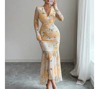 Nouvelle arrivée Automne Saison de la rentrée Élégante robe à manches longues avec imprimé floral en maille, col V sexy, taille froncée et ourlet en queue de poisson L,M,S,XLImprimés aléatoiresTissu t