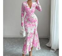 Nouvelle arrivée Automne Saison de la rentrée Élégante robe moulante à manches longues avec imprimé floral en maille, col V sexy, taille froncée et ourlet queue de poisson L,M,S,XLPlantesTissu tricoté