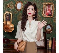 Nouvelle arrivée ! Chemisier d'été grande taille orientale - top à manches courtes camouflant le ventre avec des grenouillères traditionnelles Conçu pour être assorti avec Ma Mian Qun L,M,S,XL,XSUnico