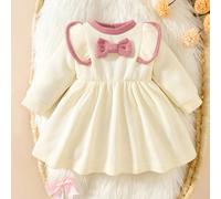Nouvelle arrivée d'automne pour bébé fille, robe élégante, douce, mignonne, style simple et décontracté, avec nœud, col Claudine contrasté, manches longues, décoration de nœud, tenue pour l'automne et
