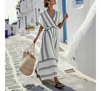 Nouvelle arrivée d'été : Robe chic col V - manches courtes, rayures contrastées larges-étroites, silhouette longue décontractée. Cette pièce rétro française allie le charme des vacances à l'élégance d