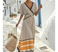 Nouvelle arrivée d'été : Robe chic col V - Manches courtes, rayures contrastées larges-étroites, silhouette longue décontractée. Cette pièce rétro française allie le charme des vacances à l'élégance d