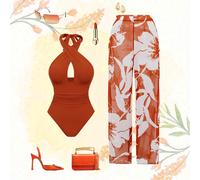 Nouvelle arrivée Maillot de bain une pièce avec décolleté ras-du-cou croisé ajouré de couleur unie et jupe cache-maillot imprimée, ensemble plage pour femmes L,M,S,XL,XXLFloralPolyamide,Polyester
