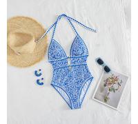 Nouvelle arrivée Maillot de bain une pièce élégant style bohème plage pour femmes - Monokini à imprimé floral bleu avec détail de charme étoile de mer et bordure zigzag - Tissu stretch respirant lisse