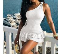 Nouvelle arrivée printemps/été 2026 Combinaison femme décontractée de mode de villégiature à la mode, coupe slim, verte, à une épaule, nouée, à volants multicouches, en matière texturée. Convient pour