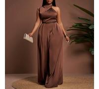 Nouvelle arrivée printemps/été Combinaison ample à col fourrure, sans manches, une épaule, jambes larges, pantalon extra long avec poches. Tenue décontracté, vacances, sortie, croisière, plage, soirée