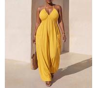 Nouvelle arrivée printemps/été Combinaison décontracté sans manches à col ras-du-cou avec nœud à l'avant, col V profond, poches, ourlet élastique, en tricot extensible unicolore jaune, grande taille 0