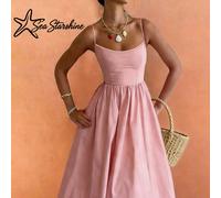 Nouvelle arrivée printemps/été Sea Starshine : Robe d'été à bretelles de couleur unie - Parfaite pour les vacances à la plage, le thé de l'après-midi et les escapades. Élégant rose L,M,S,XL,XXLUnicolo