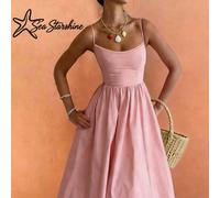 Nouvelle arrivée printemps/été Sea Starshine : Robe d'été à bretelles de couleur unie - Parfaite pour les vacances à la plage, le thé de l'après-midi et les escapades. Élégant rose L,M,S,XL,XXLUnicolo