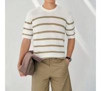 Nouvelle arrivée Printemps/Été Top tricoté à manches courtes rayé bicolore pour hommes Tenue crème pour hommes Tenue beige pour hommes Tenue de vacances en Grèce pour hommes Hauts tricotés pour hommes