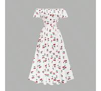 Nouvelle arrivée Robe imprimée tissée avec épaules dénudées et cordon de serrage à la taille, robe mi-longue polyvalente élégante pour les vacances et le port quotidien pour femmes L,M,S,XL,XS,XXLNour