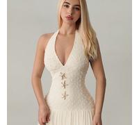 Nouvelle arrivée Robe longue élégante et romantique à col ras-du-cou et encolure en V avec texture, couleur abricot, taille ajustée, coupe slim, pour le printemps/été et les vacances L,M,S,XS,XXSTissu