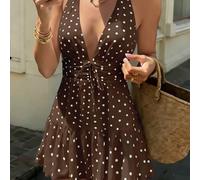 Nouvelle arrivée Robe mini à col en V avec nœud, style décontracté français. Robe mini fluide à la taille cintrée pour les vacances en France. Robe fleurie à dos ouvert sexy. Robe à imprimé pois. Robe