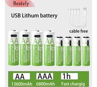 Nouvelle batterie rechargeable au Lithium 1.5V AA 13600mAh + AAA 6800mAh, batterie Li-ion à charge rapide USB, 2000 Cycles avec câble USB-C 12AA 12AAA