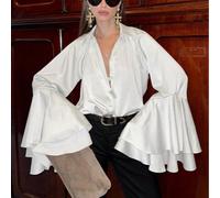 Nouvelle blouse élégante et décontractée pour femmes, couleur unie, style victorien, avec patte de boutonnage double couche, manches évasées en satin, chemise blanche L,M,S,XLUnicolorePolyester