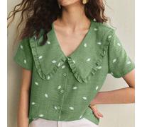 Nouvelle blouse femme à col volant, manches courtes et imprimé floral marguerite, avec boutons devant, pour le printemps/été L,M,S,XLPlantesTissu tissé