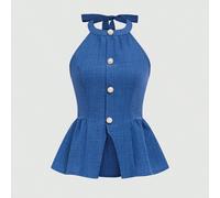 Nouvelle blouse sans manches de couleur unie, col ras-du-cou, faux devant, taille ajustée, design élégant et polyvalent pour un port quotidien pour jeunes femmes L,M,S,XLUnicoloreTissu tissé
