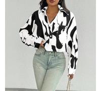 Nouvelle chemise ample pour femmes à manches longues, col cranté, poche unique et boutons, imprimé noir et blanc, polyvalente pour le printemps/automne. Tenue élégante et chic pour la rentrée scolaire
