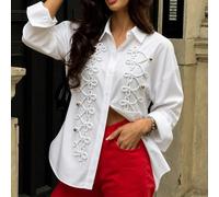 Nouvelle chemise blanche style chinois à rayures avec décoration de boutons grenouille, ample, manches longues, col à revers, blouse premium de niche pour femmes L,M,S,XLUnicoloreTissu tissé