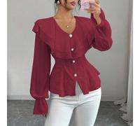 Nouvelle chemise de femme style coréen à volants, sens élégant et Top de gamme, rose, chic, coupe flatteuse, blouse à manches longues en jacquard mesh, printemps et automne L,M,S,XLBlocs de couleurTis