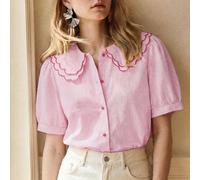 Nouvelle chemise d'été rose & blanche à rayures avec col Claudine brodé double couche, manches courtes bouffantes, top à simple boutonnage, convient pour les trajets mode, les rendez-vous, les sorties